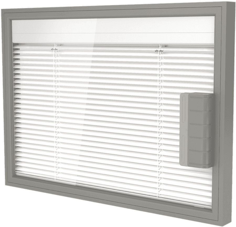 Window Blindwith Control Unit PNG — A modern window with white horizontal blinds and a gray frame viewed from an angled perspective.