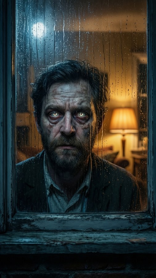 The Outsider spying through a window on a rainy night.