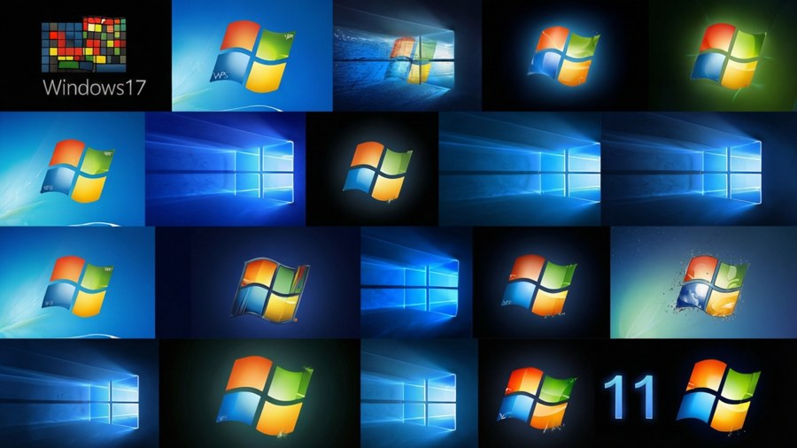 Collage of Windows logos through the years.