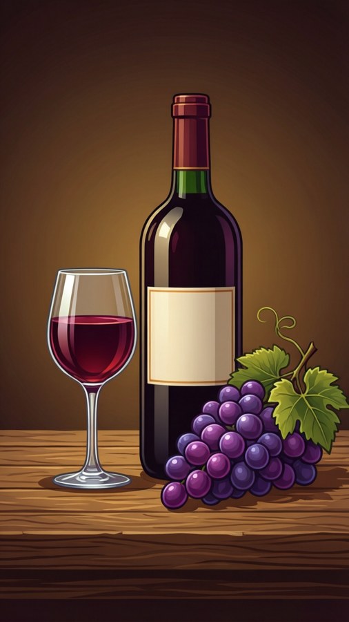 Vektorillustrasjon av vinflaske og glass med druer