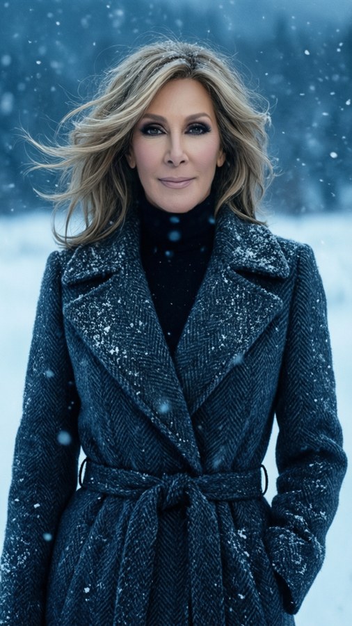 Celine Dion in a winter coat in a snowy scene, serenely elegant with falling snow.