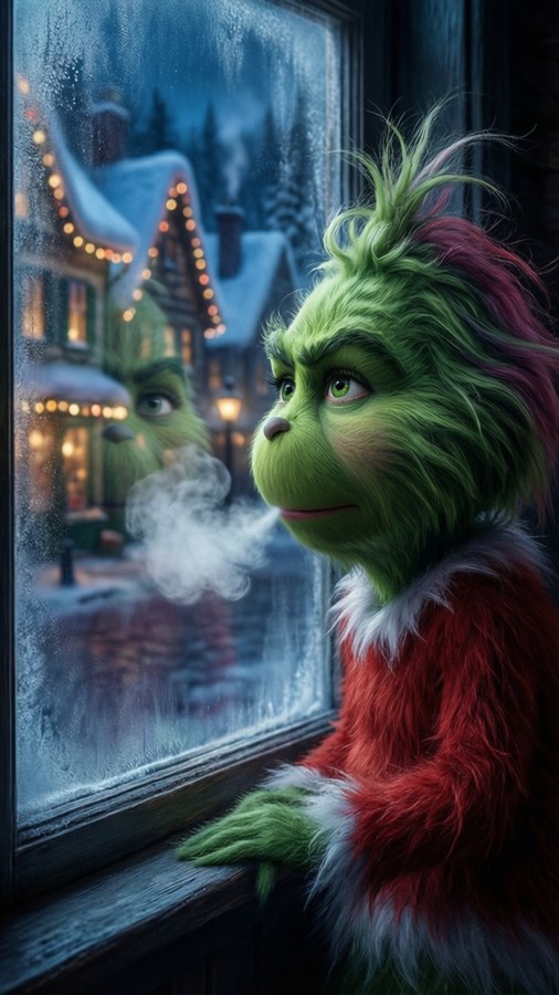 Cindy Lou Who gazes out a frosted window in Whoville.