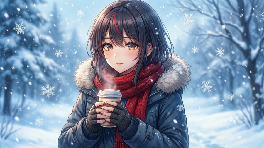 Chiaki Nanami geniet van een besneeuwde winterdag met een warm drankje.