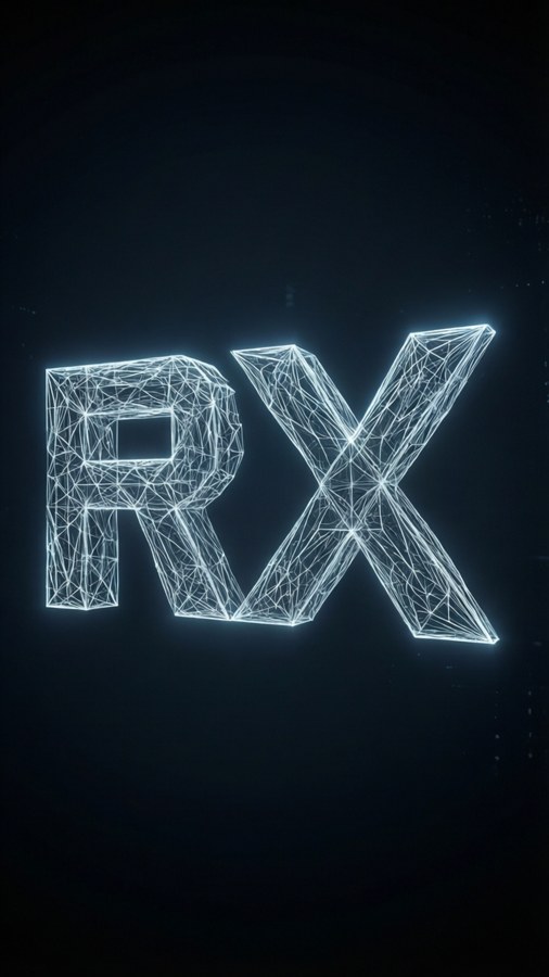 Glühende Drahtgitter-RX-Buchstaben in einer dunklen futuristischen Weltraumszene.