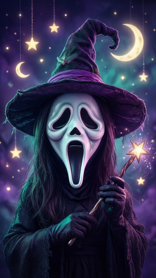 Ghostface as a cute witch with magic wand.