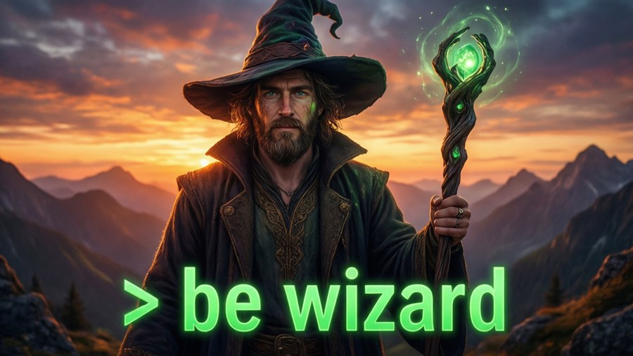 Greentext wizard on mountain top wallpaper.