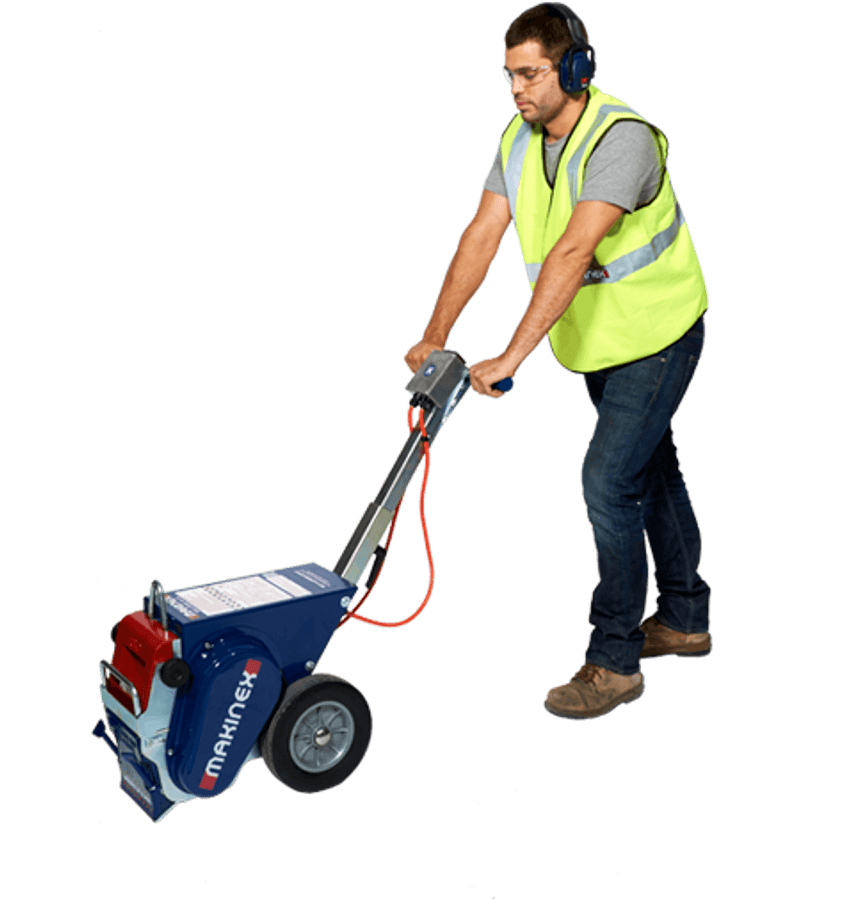 Worker Using Floor Stripper Machine PNG — A man in a yellow safety vest and ear protection pushes a blue and red Makinex floor grinding machine on a black background.