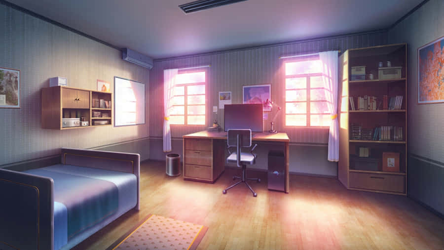 umquarto com uma cama, escrivaninha e estante de livros