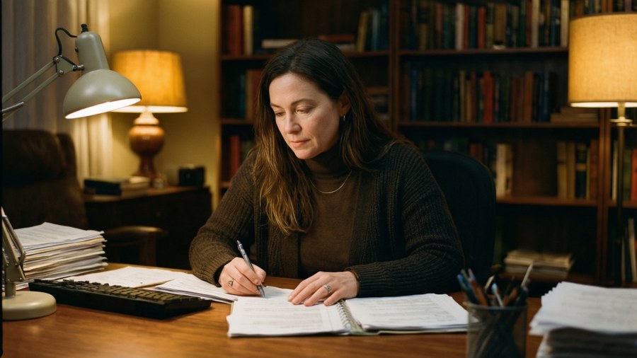 AOC en una oficina en casa estudiando facturas hasta altas horas de la noche.