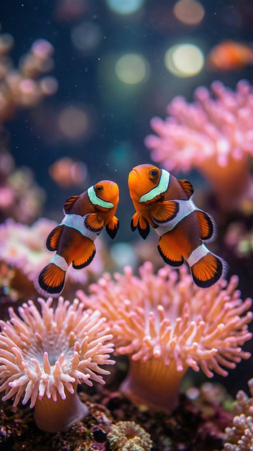 Two colorful clown wrasses perform a mating dance among soft corals.