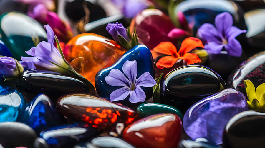 stones,colorful,flowers,purple,orange,blue,black,