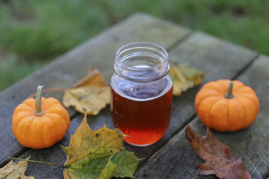 Honey mason jar and pumpkins in autumn wallpaper.