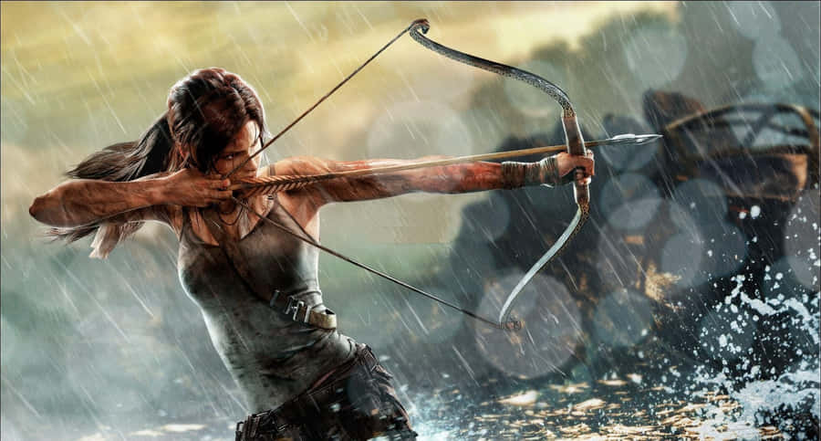 LaraCroft praticando arco e flecha no meio da chuva 1920x1080 papel de parede de Rise of the Tomb Raider.