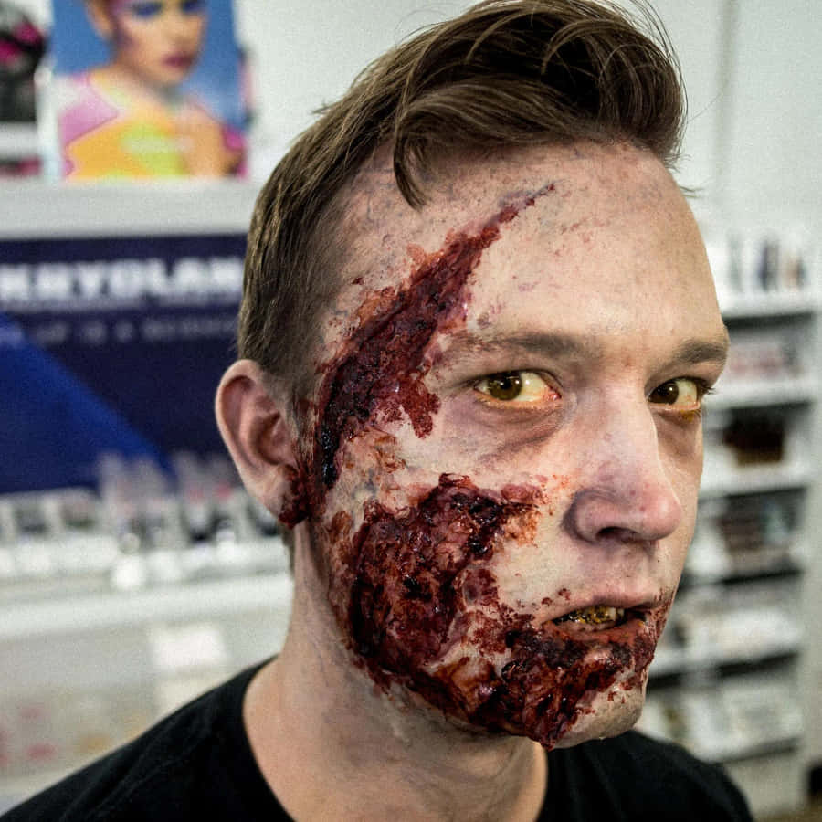 einMann mit Zombie-Gesichtsmakeup