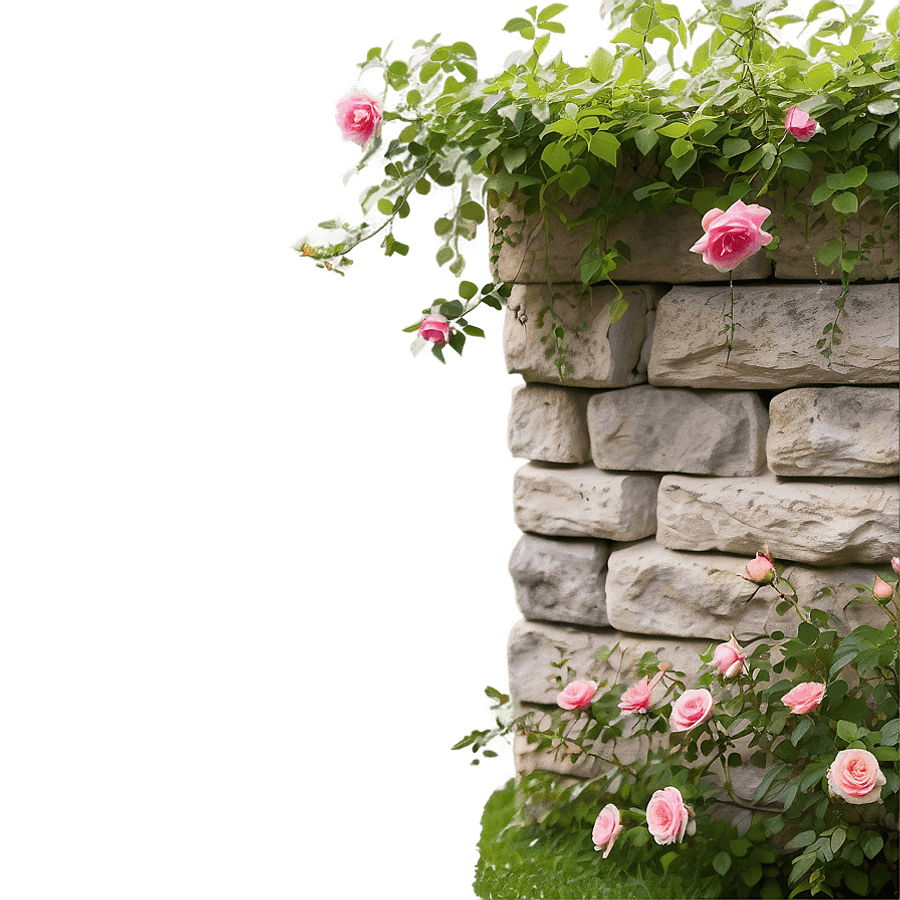 Stone Wall with Climbing Roses PNG mke18