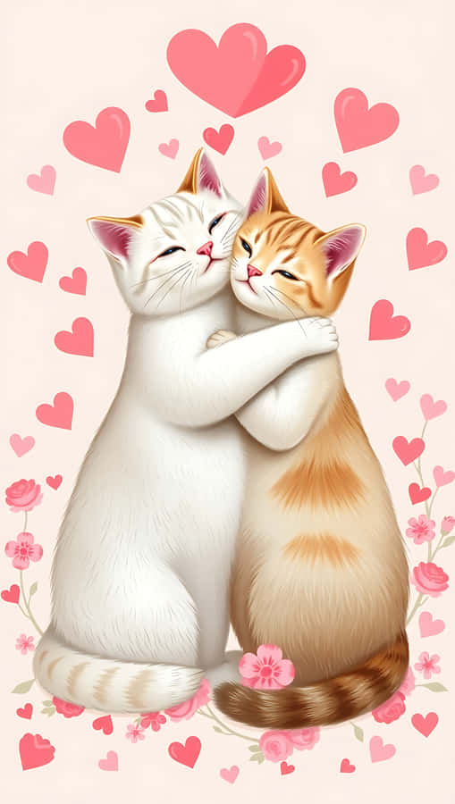 cats,hearts,Valentines Day,love,hugging,flowers,pink,art