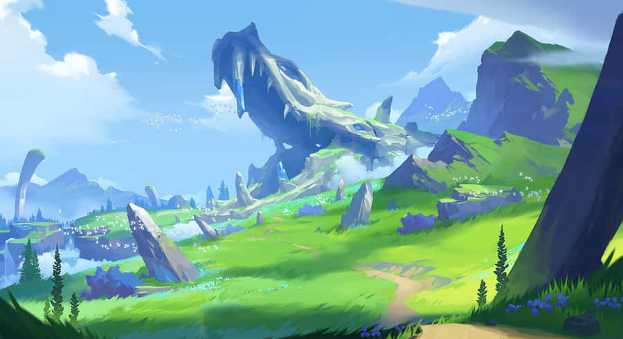 Vista Majestosa da Montanha de Genshin Impact