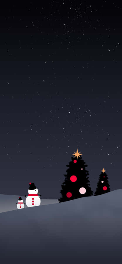 Sternenklare Nacht mit Schneemann und Weihnachtsbäumen