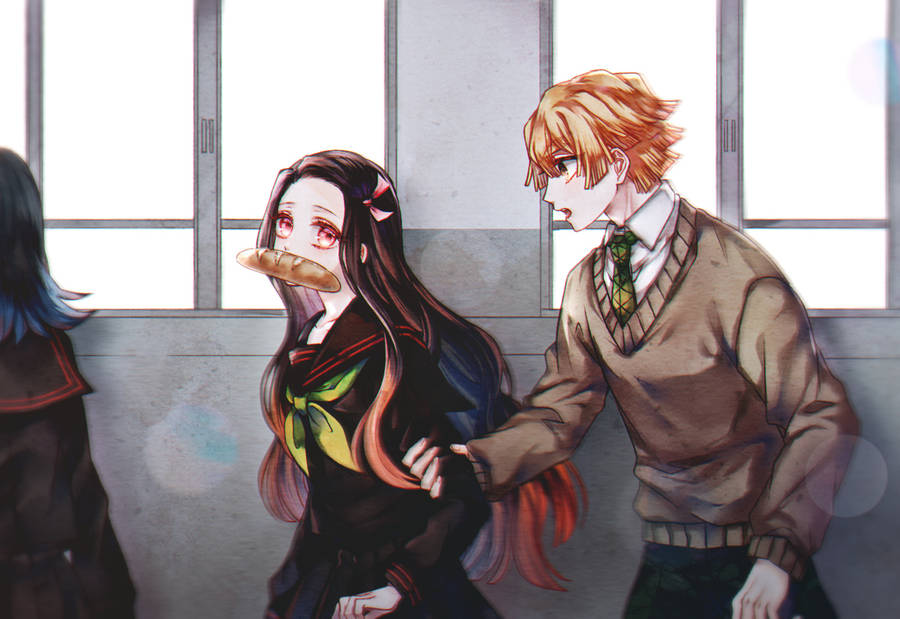 Zenitsu and Nezuko in school uniforms wallpaper. 