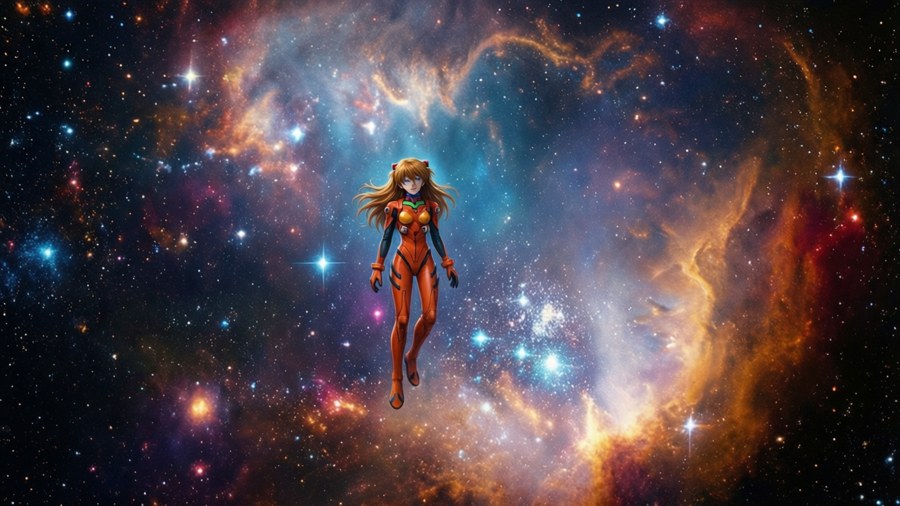 Samus floating in space among nebula