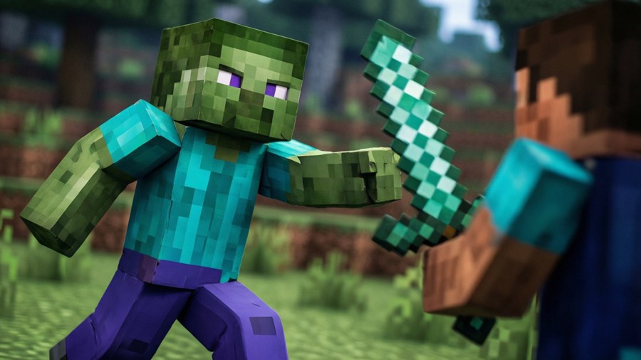A zombie charging at a player with a diamond sword.