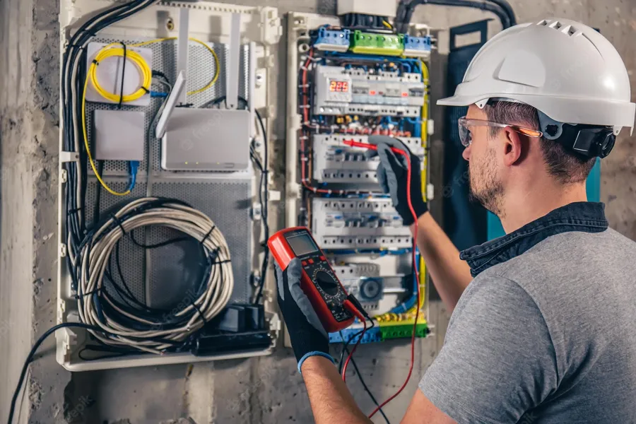 Professional Electrician at Work with Voltmeter