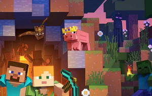 Minecraft-karaktärerna Steve och Alex med grisar och zombies i en blockig värld. — Minecraft Steve Bilder