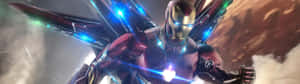 Iron Man flyger med glödande repulsorer och vingar i en stormig himmel. — Ultrawide Bilder