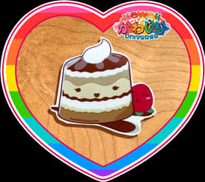 A smiling cake slice and cherry inside a rainbow heart on wood. — Sticker SVG
