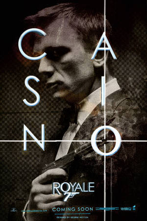 Man in suit holding gun with glowing casino royale text on checkered background. — Daniel Craig Background