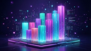 Levende 3D søylediagram med fargerike blokker og lyspartikler for en dynamisk analysebakgrunn.