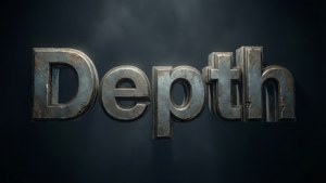 Um papel de parede de texto metálico 3D com a palavra 'Depth'.