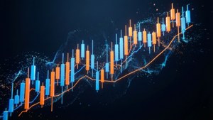 A 3D stock bar chart floating in dark space with particles