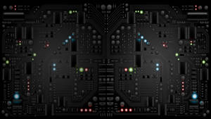 Circuito stampato simmetrico con LED luminosi in verde, blu e rosso.