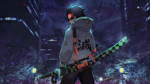 Anime character with sword standing in glowing city at night — Demon Slayer Background
