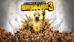 Gyllene rustningsfigur omgiven av rosor och vapen under en stormig himmel. — Pixel 3 Borderlands 3 Bakgrund Bakgrunder