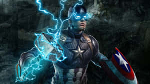 Captain America håller blixtinfunderad hammare och sköld på stormig slagfält. — H Bakgrundsbilder