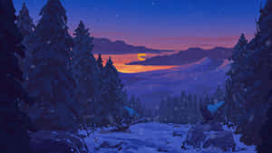 Eine Eule sitzt auf einem schneebedeckten Felsen in einem Winterwald unter einem sternenklaren Dämmerungshimmel. — Computer Science Wallpaper