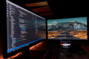 Dos monitores en un escritorio, uno con código y el otro con un fondo de pantalla de carretera de montaña. — 4K Pc Fondos de pantalla