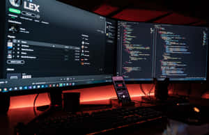 Gaming and coding setup with dual monitors and red ambient lighting at night. — 3d 4K Picture
