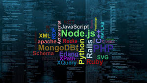 Bunte Programmierbegriffe wie JavaScript und Python schweben über einem dunklen Code-Hintergrund. — 4K programmierhintergrund Bild Wallpaper