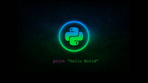 Python-logotyp med glödande cirkel och print Hello World-text på mörk bakgrund