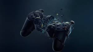 Två svarta spelkontroller går sönder med digitala partiklar som flyger. — Ps4 Bilder