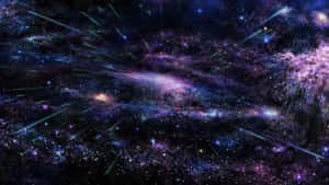 Vibrant cosmic scene with purple nebulae and green meteors streaking across a star-filled void. — 4K Space Background
