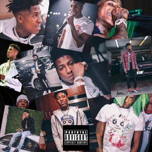 Collage av rappare i olika outfits och miljöer med parental advisory-etikett. — 4kt Bilder