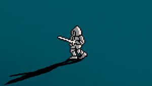 Pixelriddare i silverrustning med svärd som kastar en lång skugga på teal bakgrund — 8 Bit Bilder