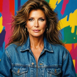Kühnes Pop-Art-Tapetenbild von Paulina Porizkova in Jeansjacke mit farbenfrohem abstraktem Hintergrund.