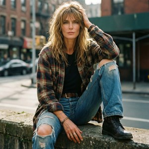 Yasmin Le Bon i 90-talls grunge-stil på urban kant