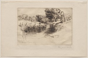 A Backwater by Francis Seymour Haden, created 1877, in etching. Download this artwork as a high-resolution wallpaper for desktop, tablet, or mobile. — Francis Seymour Haden Wallpaper