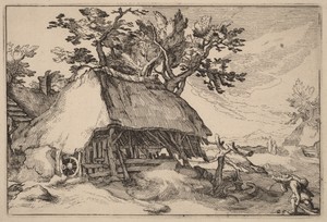 A Barn by Claes Jansz. Visscher (II), created 1620, in etching. Download this artwork as a high-resolution wallpaper for desktop, tablet, or mobile.